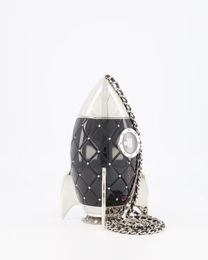 *COLLECTOR'S PIECE* Chanel FW17 Runway Black Plexiglass Rocket Ship Bag with Silver Hardware and Crystal Details