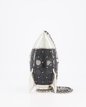 *COLLECTOR'S PIECE* Chanel FW17 Runway Black Plexiglass Rocket Ship Bag with Silver Hardware and Crystal Details