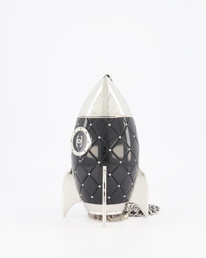 *COLLECTOR'S PIECE* Chanel FW17 Runway Black Plexiglass Rocket Ship Bag with Silver Hardware and Crystal Details