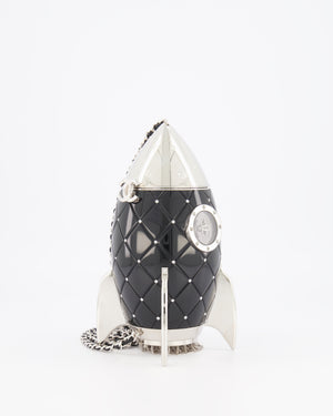 *COLLECTOR'S PIECE* Chanel FW17 Runway Black Plexiglass Rocket Ship Bag with Silver Hardware and Crystal Details