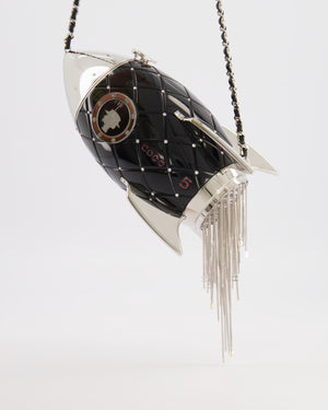 *COLLECTOR'S PIECE* Chanel FW17 Runway Black Plexiglass Rocket Ship Bag with Silver Hardware and Crystal Details