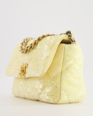 *HOT* Chanel Cruise 2021 Medium 19 Flap Bag in Light Yellow Sequins with Tricolour Antique Gold, Antique Silver and Silver Hardware