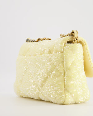 *HOT* Chanel Cruise 2021 Medium 19 Flap Bag in Light Yellow Sequins with Tricolour Antique Gold, Antique Silver and Silver Hardware