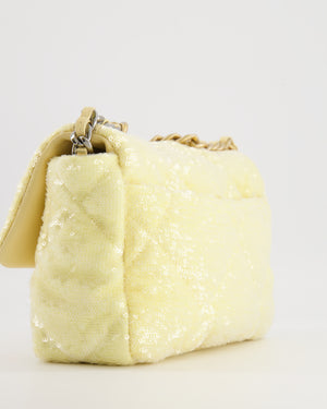 *HOT* Chanel Cruise 2021 Medium 19 Flap Bag in Light Yellow Sequins with Tricolour Antique Gold, Antique Silver and Silver Hardware