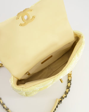 *HOT* Chanel Cruise 2021 Medium 19 Flap Bag in Light Yellow Sequins with Tricolour Antique Gold, Antique Silver and Silver Hardware
