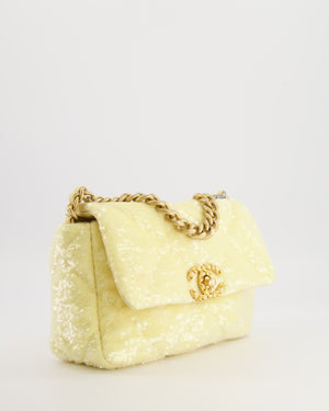 *HOT* Chanel Cruise 2021 Medium 19 Flap Bag in Light Yellow Sequins with Tricolour Antique Gold, Antique Silver and Silver Hardware