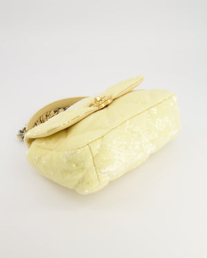 *HOT* Chanel Cruise 2021 Medium 19 Flap Bag in Light Yellow Sequins with Tricolour Antique Gold, Antique Silver and Silver Hardware