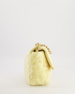 *HOT* Chanel Cruise 2021 Medium 19 Flap Bag in Light Yellow Sequins with Tricolour Antique Gold, Antique Silver and Silver Hardware