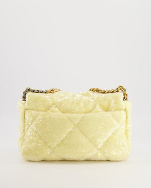 *HOT* Chanel Cruise 2021 Medium 19 Flap Bag in Light Yellow Sequins with Tricolour Antique Gold, Antique Silver and Silver Hardware