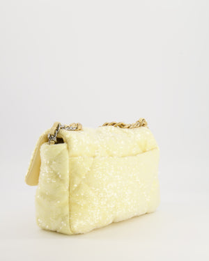 *HOT* Chanel Cruise 2021 Medium 19 Flap Bag in Light Yellow Sequins with Tricolour Antique Gold, Antique Silver and Silver Hardware