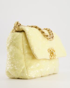 *HOT* Chanel Cruise 2021 Medium 19 Flap Bag in Light Yellow Sequins with Tricolour Antique Gold, Antique Silver and Silver Hardware