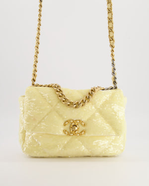 *HOT* Chanel Cruise 2021 Medium 19 Flap Bag in Light Yellow Sequins with Tricolour Antique Gold, Antique Silver and Silver Hardware