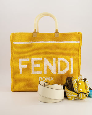 Fendi Sunshine Tote Bag in Yellow and White Crochet Canvas with Gold Hardware