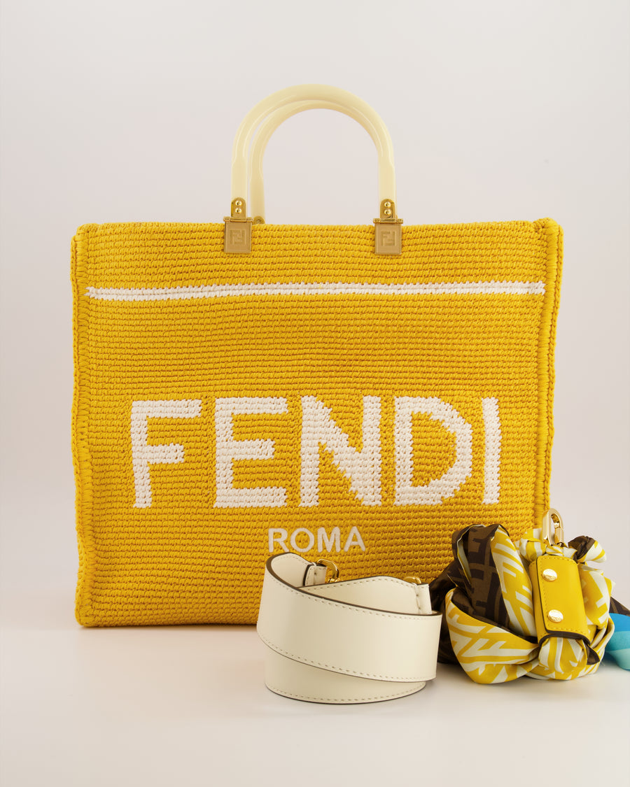 Fendi Sunshine Tote Bag in Yellow and White Crochet Canvas with Gold Hardware