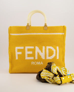 Fendi Sunshine Tote Bag in Yellow and White Crochet Canvas with Gold Hardware