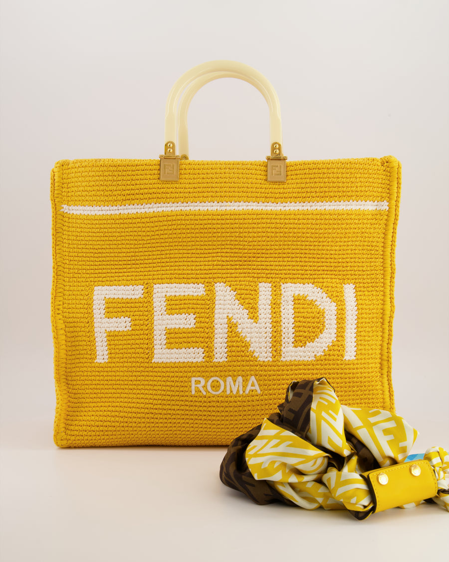 Fendi Sunshine Tote Bag in Yellow and White Crochet Canvas with Gold Hardware