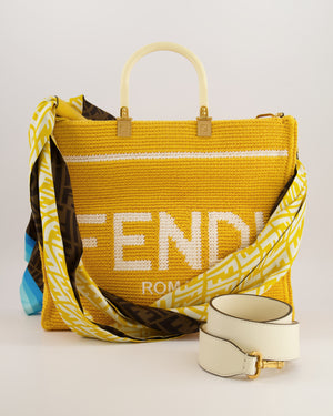 Fendi Sunshine Tote Bag in Yellow and White Crochet Canvas with Gold Hardware