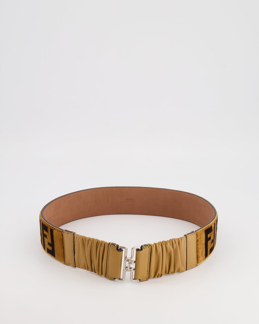 Fendi Brown and Black Velvet Zucca Motif Belt with Silver Hardware Size 75cm