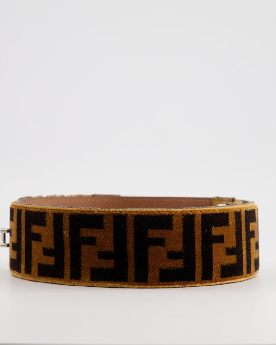 Fendi Brown and Black Velvet Zucca Motif Belt with Silver Hardware Size 75cm