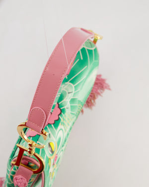 *RARE* Christian Dior Vintage John Galliano Pastel Pink and Green Koi Satin Saddle Bag with Tassel Detail and Gold Hardware