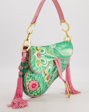 *RARE* Christian Dior Vintage John Galliano Pastel Pink and Green Koi Satin Saddle Bag with Tassel Detail and Gold Hardware