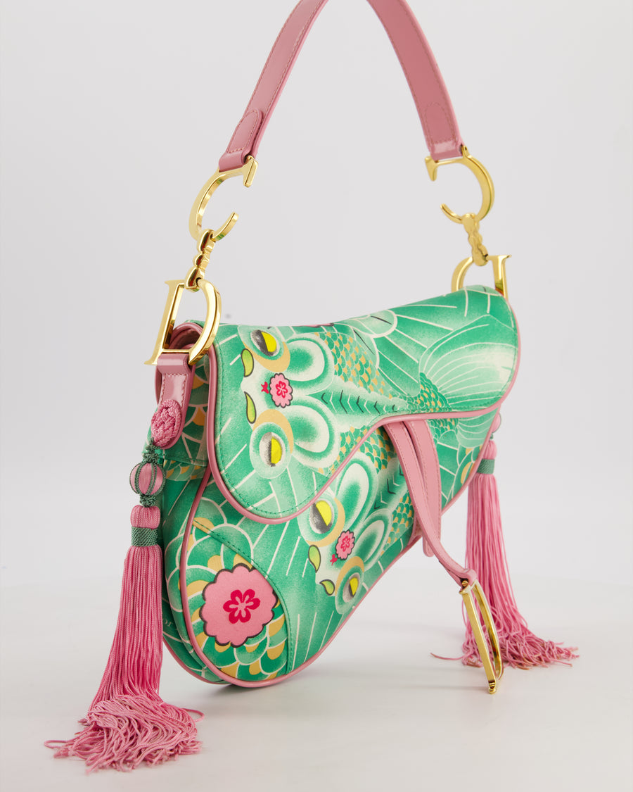 *RARE* Christian Dior Vintage John Galliano Pastel Pink and Green Koi Satin Saddle Bag with Tassel Detail and Gold Hardware