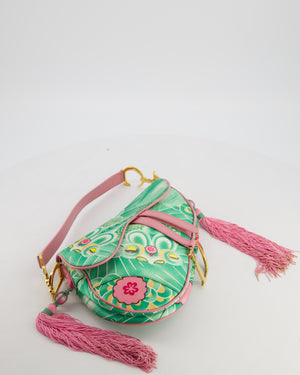 *RARE* Christian Dior Vintage John Galliano Pastel Pink and Green Koi Satin Saddle Bag with Tassel Detail and Gold Hardware