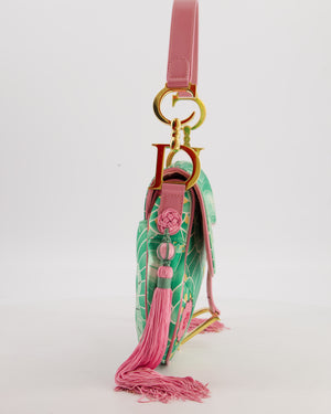 *RARE* Christian Dior Vintage John Galliano Pastel Pink and Green Koi Satin Saddle Bag with Tassel Detail and Gold Hardware