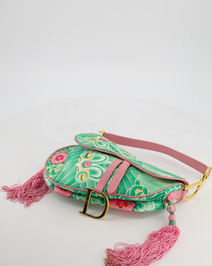 *RARE* Christian Dior Vintage John Galliano Pastel Pink and Green Koi Satin Saddle Bag with Tassel Detail and Gold Hardware