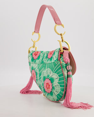 *RARE* Christian Dior Vintage John Galliano Pastel Pink and Green Koi Satin Saddle Bag with Tassel Detail and Gold Hardware