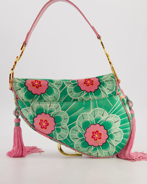 *RARE* Christian Dior Vintage John Galliano Pastel Pink and Green Koi Satin Saddle Bag with Tassel Detail and Gold Hardware