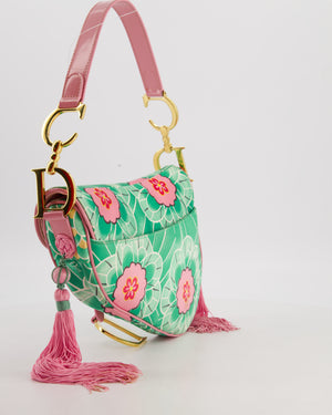 *RARE* Christian Dior Vintage John Galliano Pastel Pink and Green Koi Satin Saddle Bag with Tassel Detail and Gold Hardware