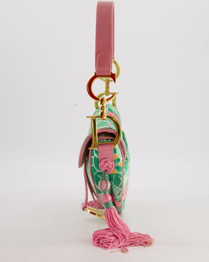 *RARE* Christian Dior Vintage John Galliano Pastel Pink and Green Koi Satin Saddle Bag with Tassel Detail and Gold Hardware