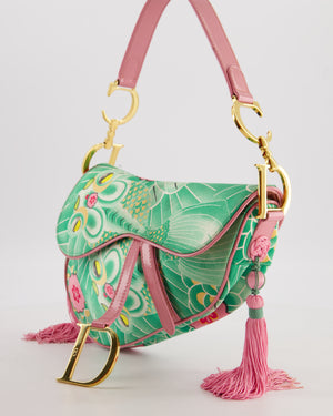 *RARE* Christian Dior Vintage John Galliano Pastel Pink and Green Koi Satin Saddle Bag with Tassel Detail and Gold Hardware