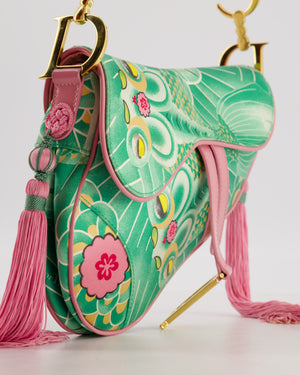 *RARE* Christian Dior Vintage John Galliano Pastel Pink and Green Koi Satin Saddle Bag with Tassel Detail and Gold Hardware