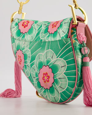 *RARE* Christian Dior Vintage John Galliano Pastel Pink and Green Koi Satin Saddle Bag with Tassel Detail and Gold Hardware