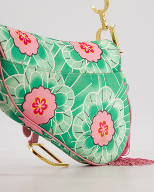 *RARE* Christian Dior Vintage John Galliano Pastel Pink and Green Koi Satin Saddle Bag with Tassel Detail and Gold Hardware