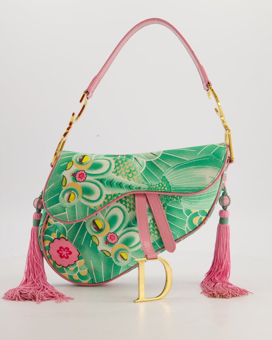 *RARE* Christian Dior Vintage John Galliano Pastel Pink and Green Koi Satin Saddle Bag with Tassel Detail and Gold Hardware