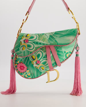 *RARE* Christian Dior Vintage John Galliano Pastel Pink and Green Koi Satin Saddle Bag with Tassel Detail and Gold Hardware