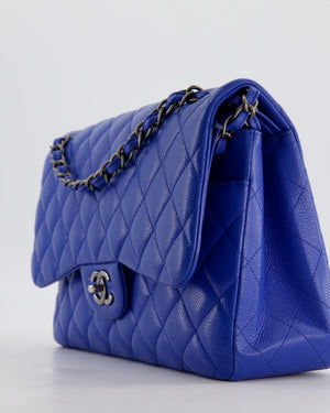 Chanel Blue Jumbo Classic Double Flap Bag in Caviar Leather with Gunmetal Hardware