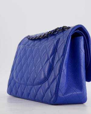 Chanel Blue Jumbo Classic Double Flap Bag in Caviar Leather with Gunmetal Hardware