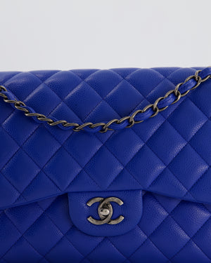 Chanel Blue Jumbo Classic Double Flap Bag in Caviar Leather with Gunmetal Hardware