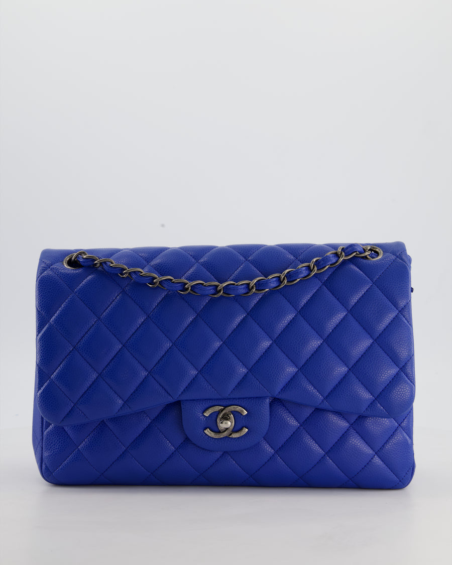 Chanel Blue Jumbo Classic Double Flap Bag in Caviar Leather with Gunmetal Hardware