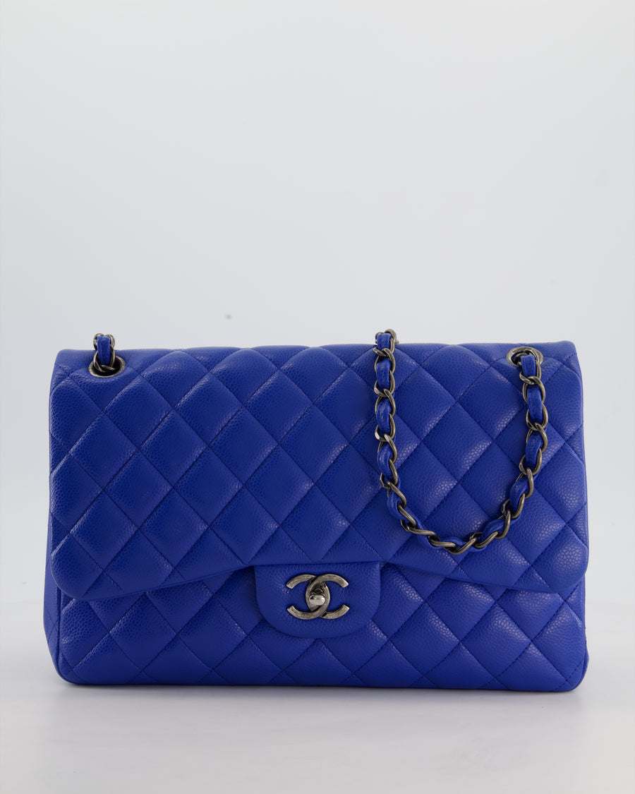 Chanel Blue Jumbo Classic Double Flap Bag in Caviar Leather with Gunmetal Hardware