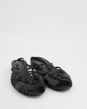 Chanel Black Leather Slingback Sandals with Camelias Appliqué and Gold CC Logo Details Size EU 41