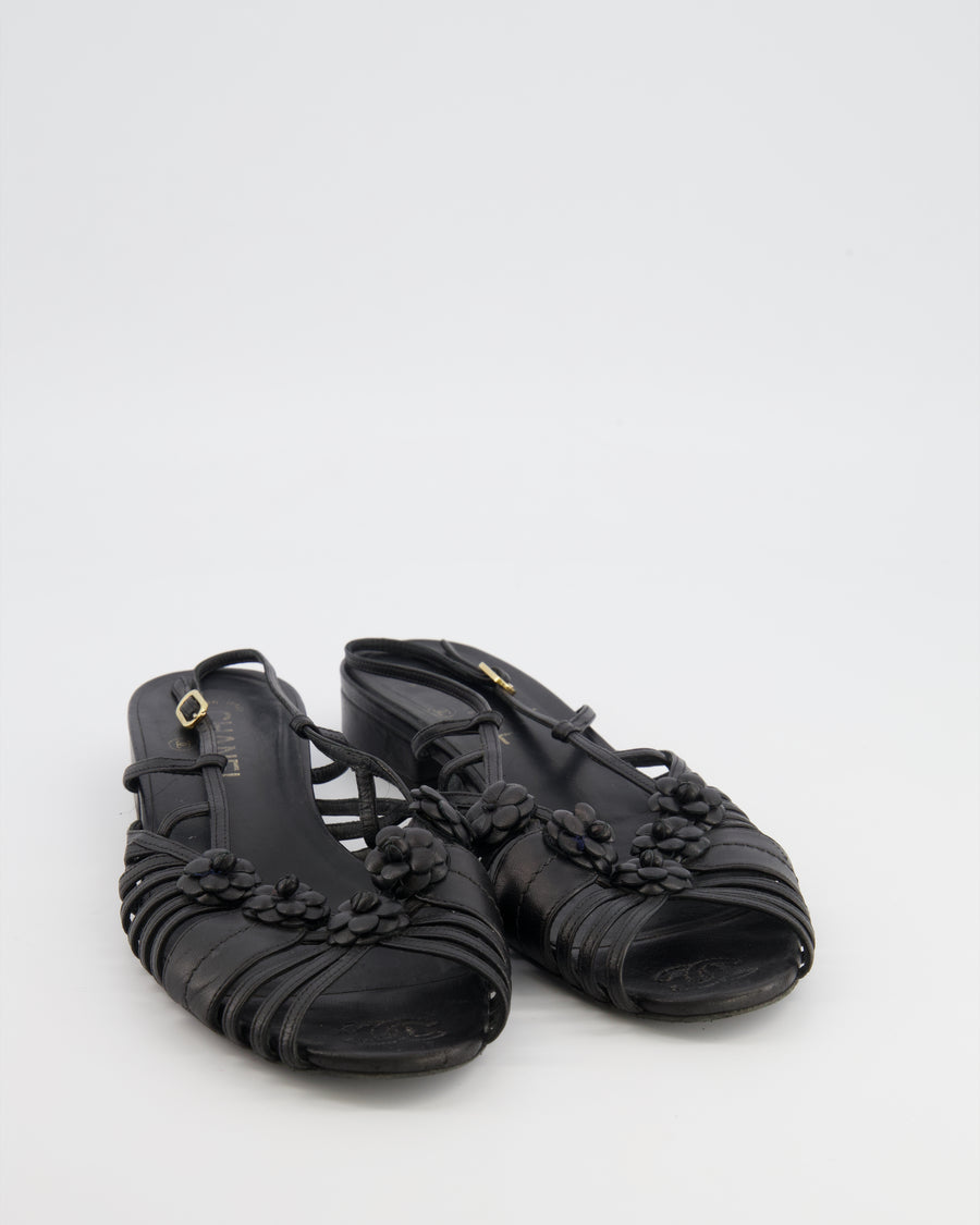Chanel Black Leather Slingback Sandals with Camelias Appliqué and Gold CC Logo Details Size EU 41