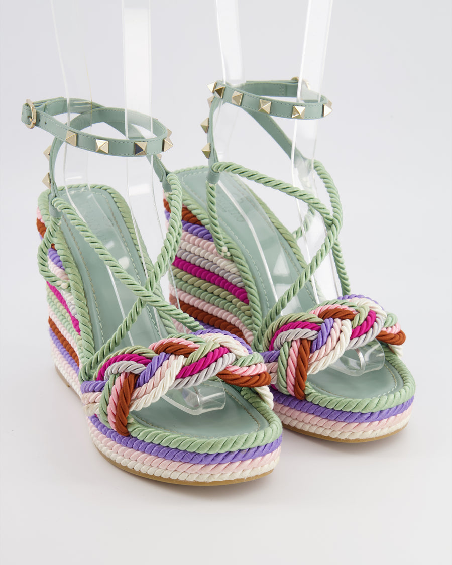 Valentino Blue Leather and Multicolour Cord Rockstud Heeled Sandals Size EU 41