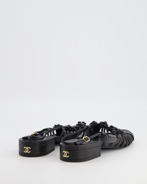 Chanel Black Leather Slingback Sandals with Camelias Appliqué and Gold CC Logo Details Size EU 41