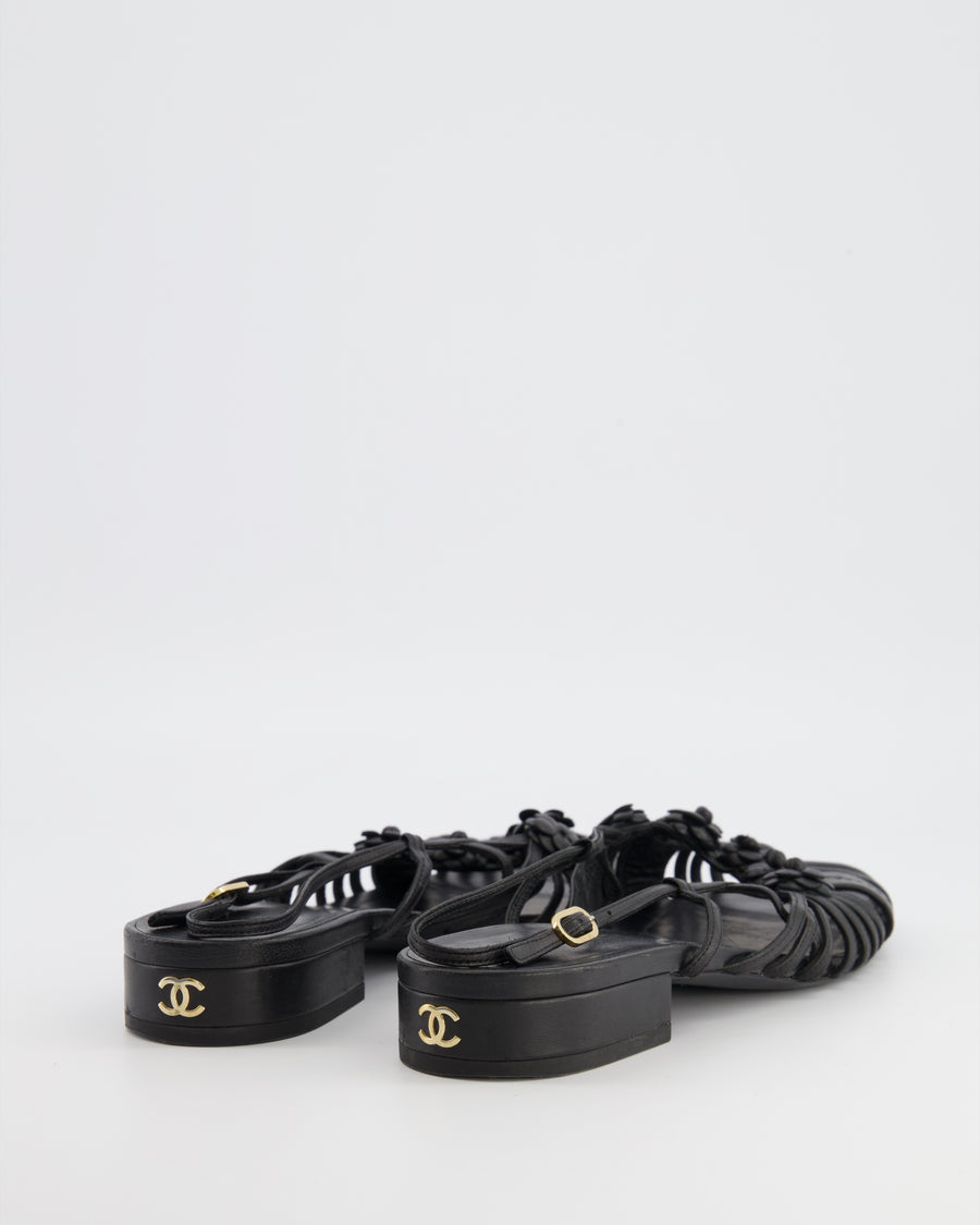 Chanel Black Leather Slingback Sandals with Camelias Appliqué and Gold CC Logo Details Size EU 41