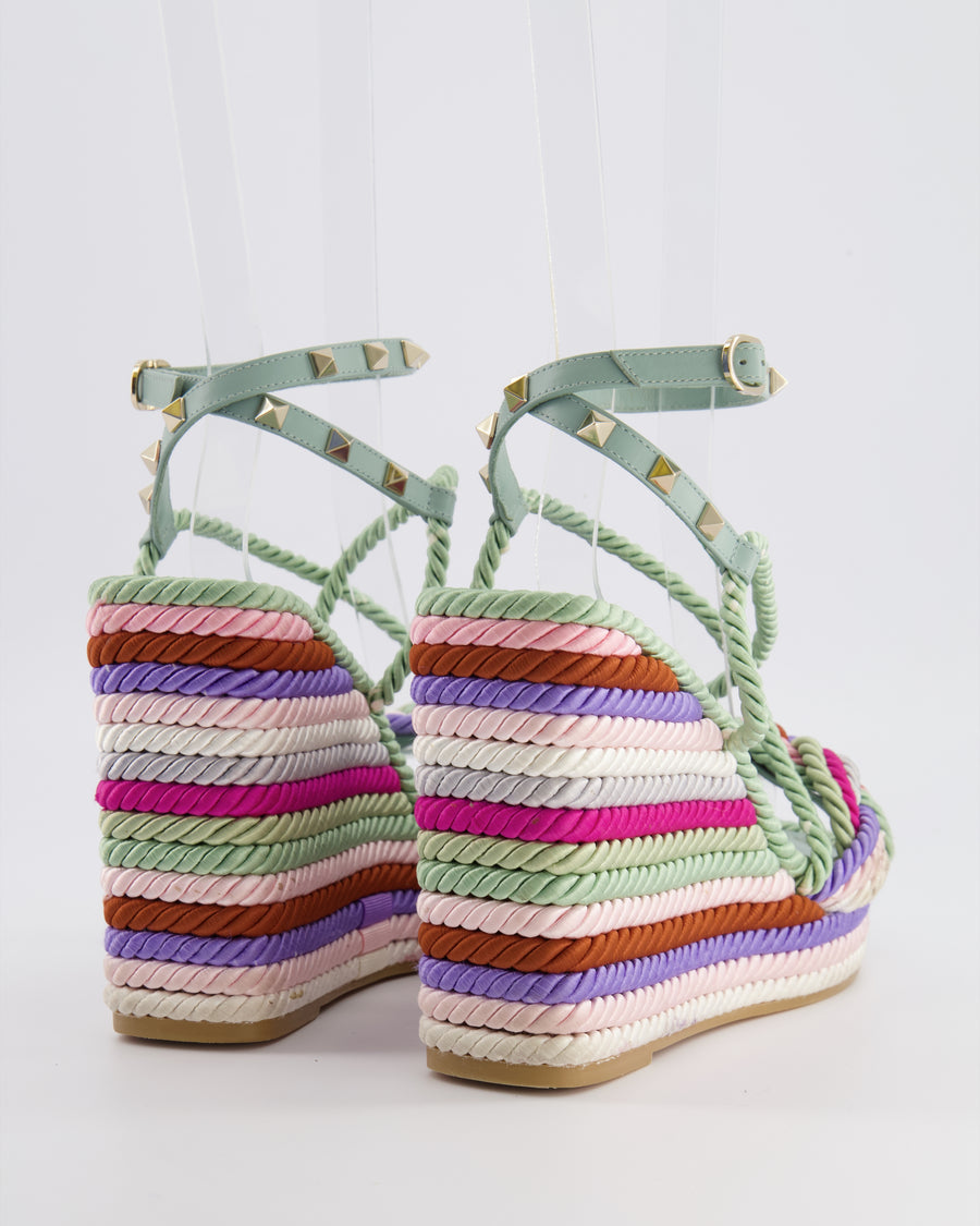 Valentino Blue Leather and Multicolour Cord Rockstud Heeled Sandals Size EU 41